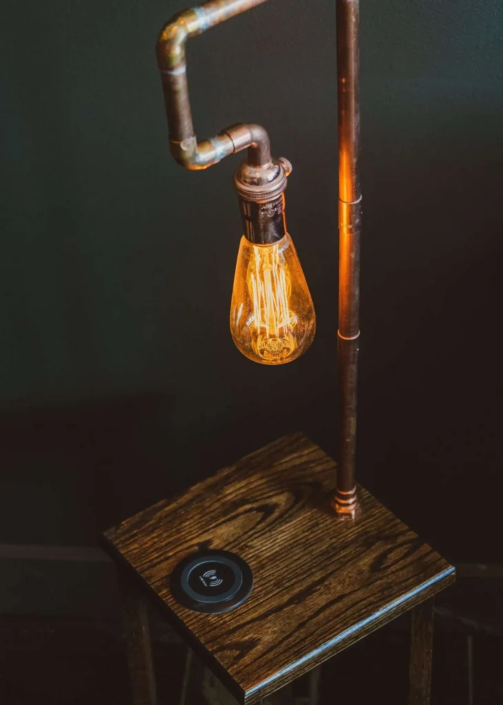 Industrial Nightstand with Built In Copper Lamp with Edison Bulb