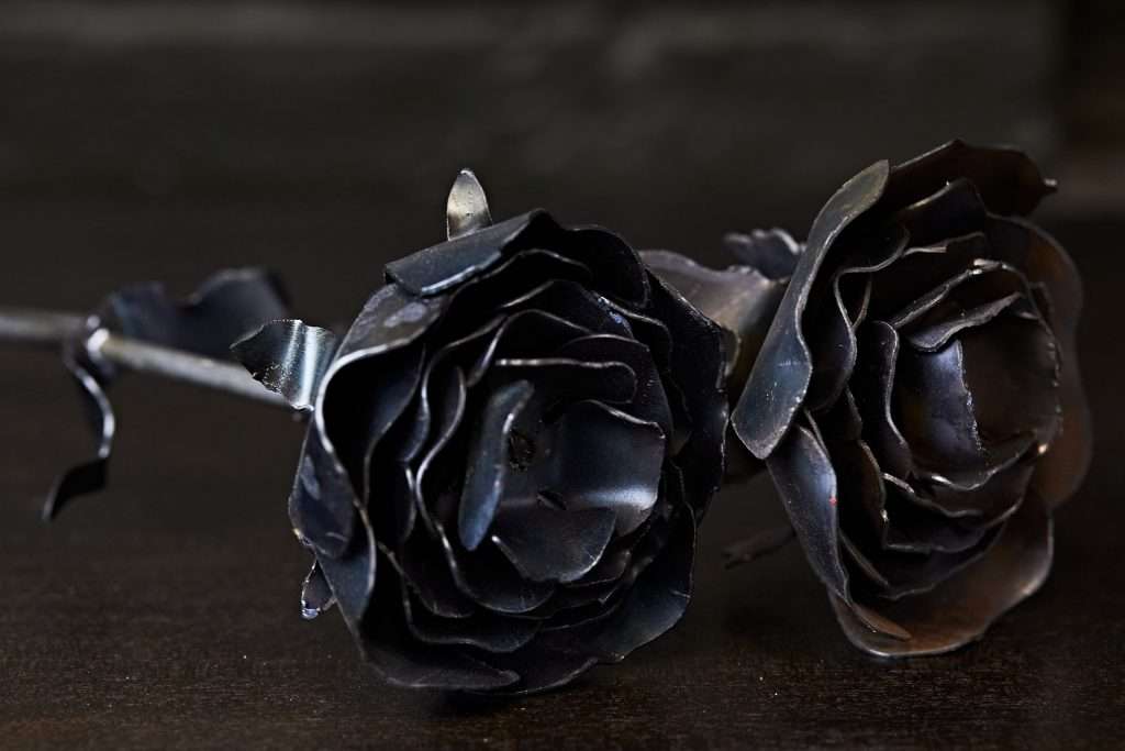 Black and White Photo of Two Roses Made of Steel