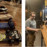 Picture Collage of Wooden Cars Built in Craftsman Ave's Pinewood Derby Woodworking Class, and Two People Racing Their Toy Cars on Wooden Ramp