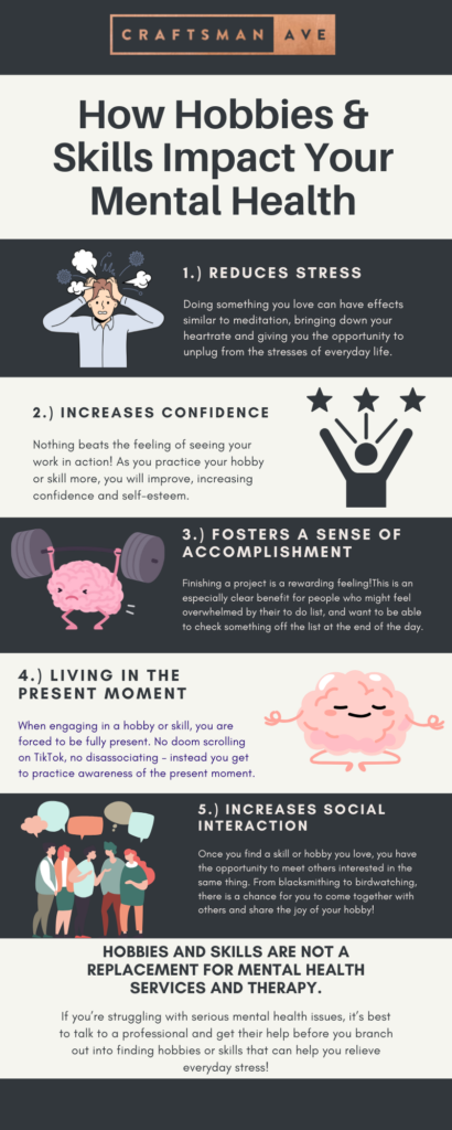 Infographic answers the question "How does having a hobby help with stress?" Provides a sense of meditation and calmnessIncreases confidenceFosters a sense of accomplishmentAllows you to live in the present momentIncreases social interaction
