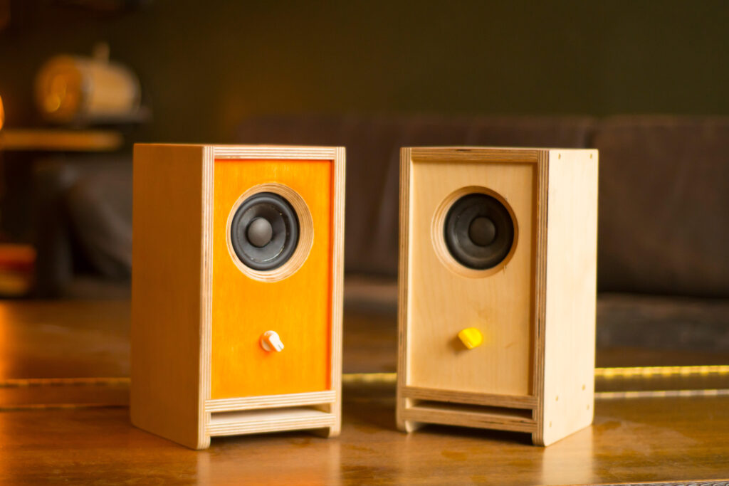 Two homemade wooden bluetooth speakers