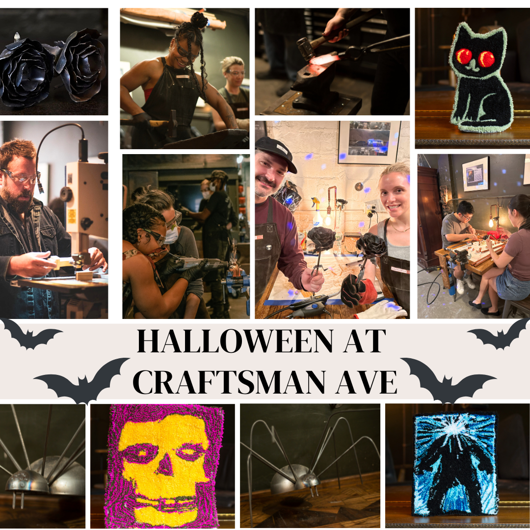 image shows a variety of pictures of people in craftsman ave workshops with the caption halloween at craftsman ave